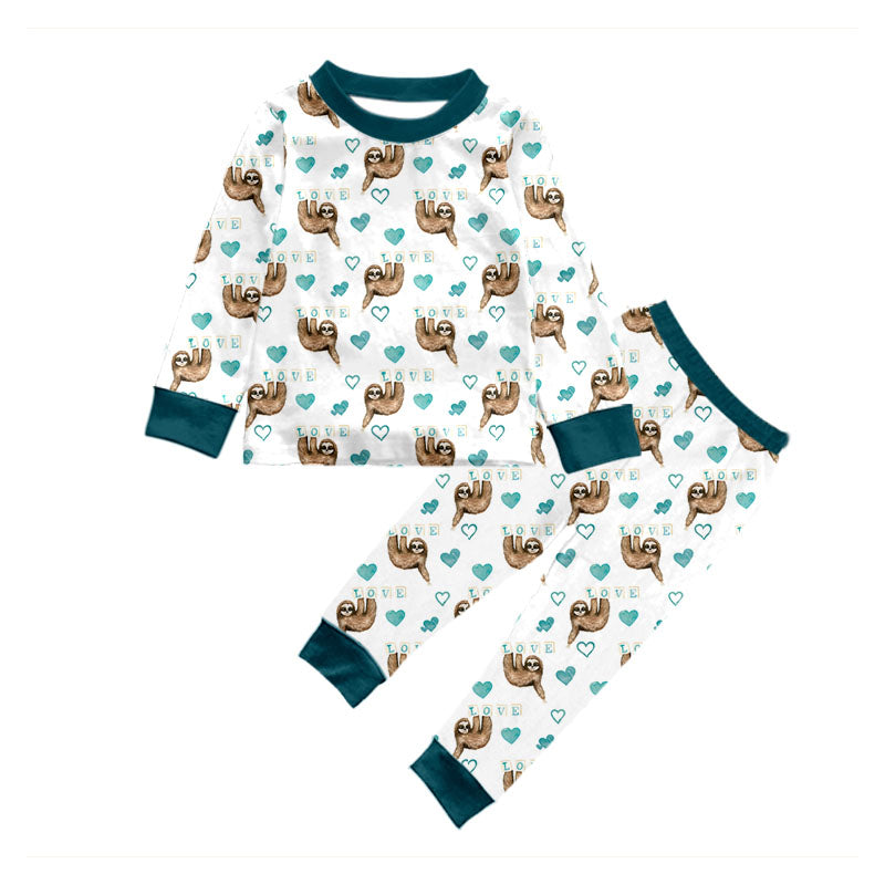 (Custom Design Preorder MOQ 5) Blue Sloth Love Heart Print Kids Valentine's Pajamas Clothes Set