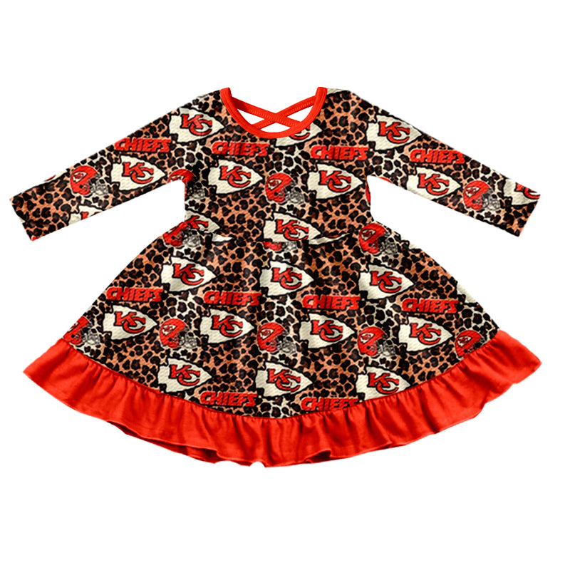 (Custom Design Preorder MOQ 5) Team's KC Leopard Print Girls Fall Knee Length Ruffle Dress