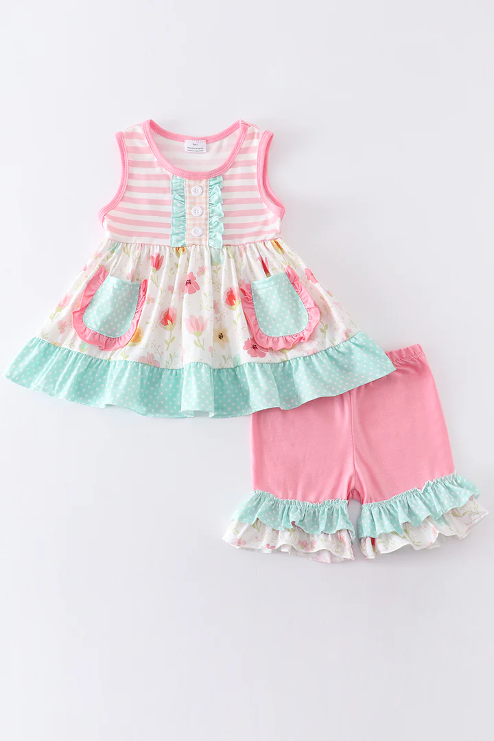 (Custom Design Preorder MOQ 5) Flowers Pockets Tunic Top Ruffles Shorts Girls Summer Clothes Set