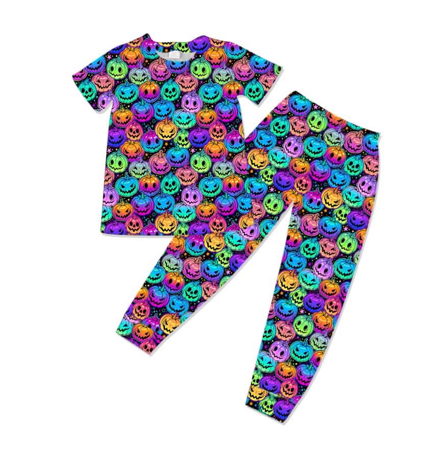 (Custom Design Preorder MOQ 20) Colorful Pumpkin Print Kids Halloween Bamboo Pajamas Clothes Set