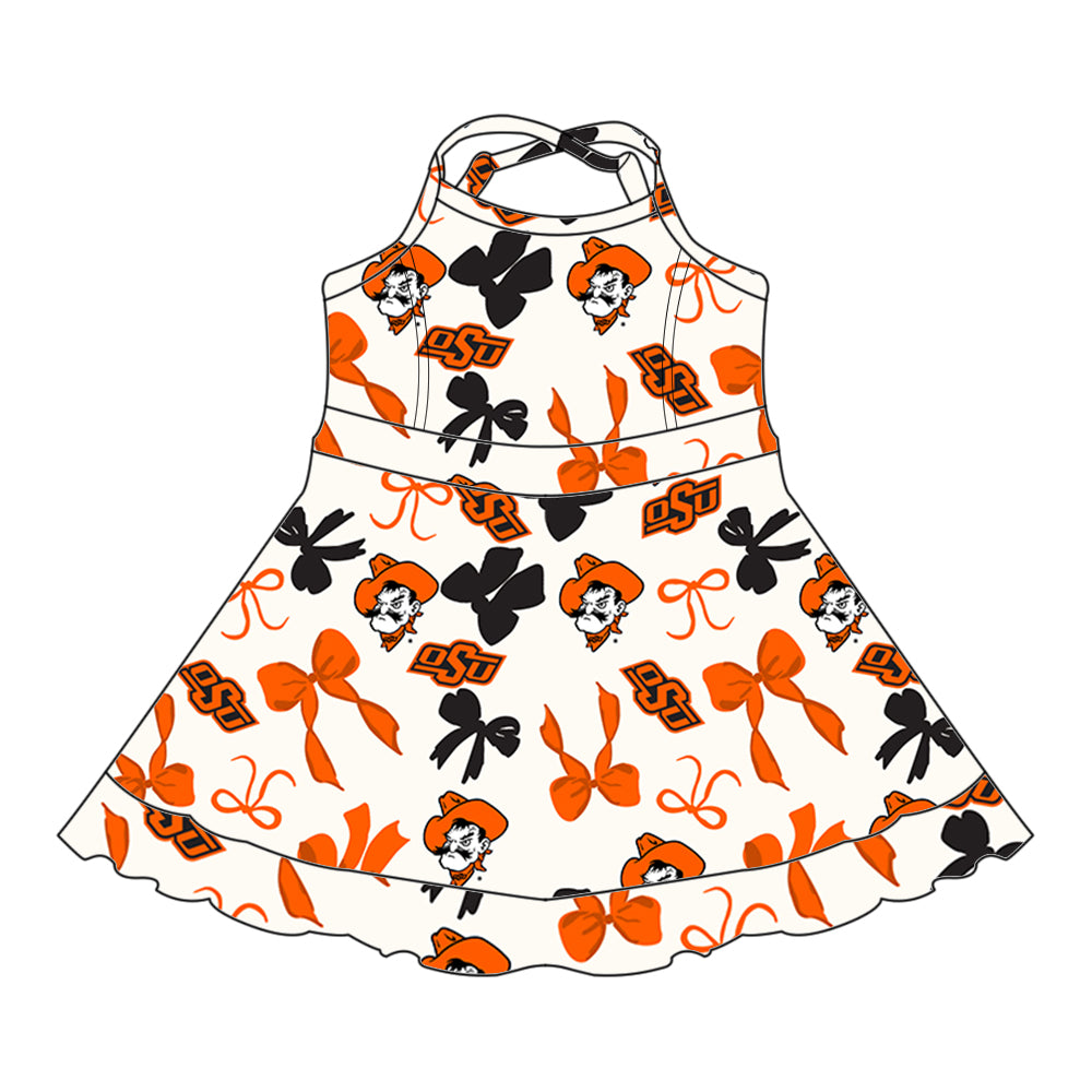 (Custom Design Preorder MOQ 5 Each Color) Team's Okahoma State Cowboys Bows Print Girls Summer Clothes Sisters Matching Wear