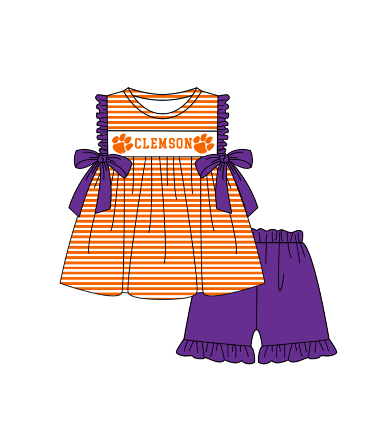(Custom Design Preorder MOQ 5 Each Item) Team's Clemson Tigers Print Kids Summer Matching Clothes Sibling Wear