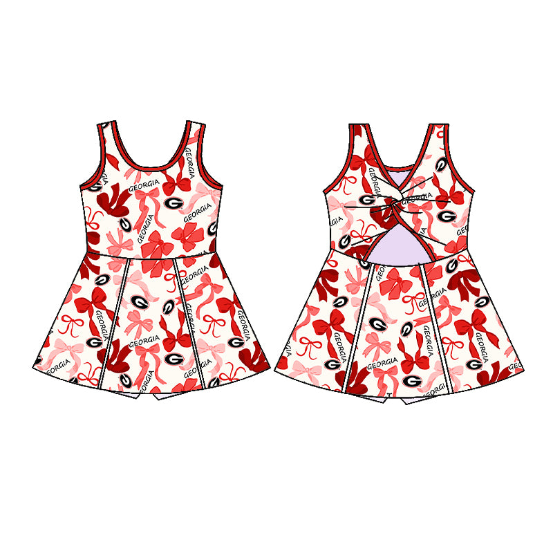 (Custom Design Preorder MOQ 5 Each Color) Team's GEORGIA Bows Print Girls Summer Clothes Sisters Matching Wear