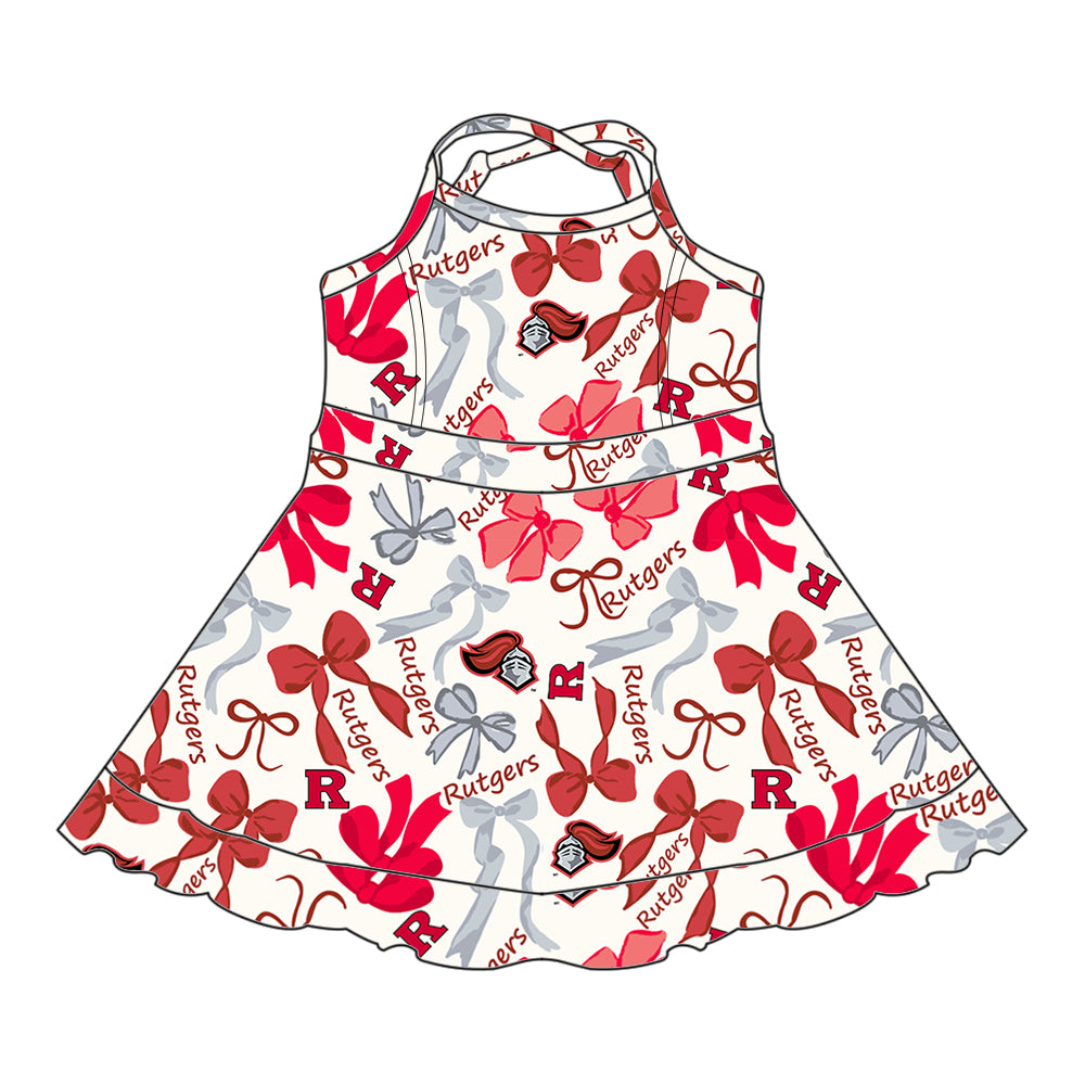(Custom Design Preorder MOQ 5 Each Color) Team's RUTGERS Bows Print Girls Summer Clothes Sisters Matching Wear