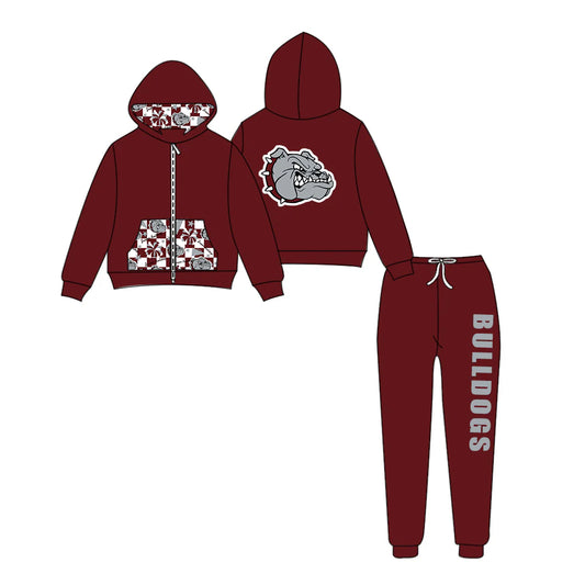 (Custom Design Preorder MOQ 5) Team's BULLDOGS Zipper Hoodie Top Wine Pants Kids Fall Clothes Set