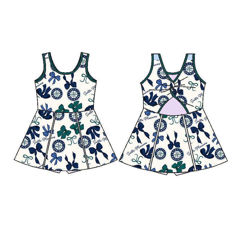 (Custom Design Preorder MOQ 5 Each Color) Team's SEATTLE MARINERS Bows Print Girls Summer Clothes Sisters Matching Wear