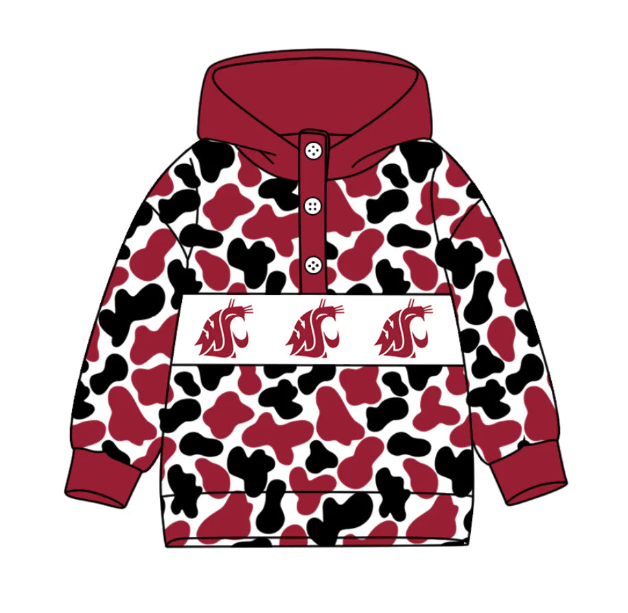 (Custom Design Preorder MOQ 5) Team's Washington State Cougars Camo Print Kids Long Sleeve Buttons Hoodie Top