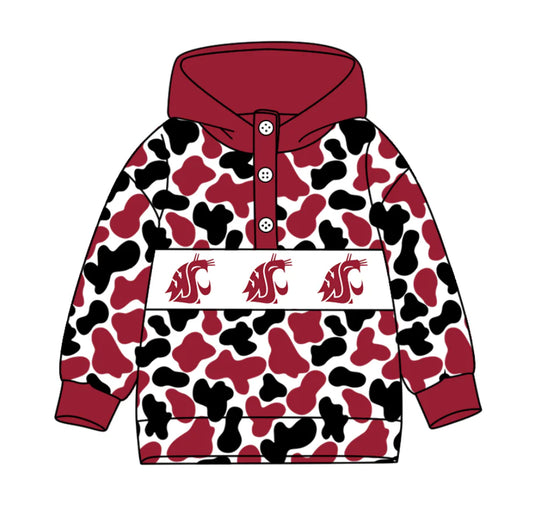 (Custom Design Preorder MOQ 5) Team's Washington State Cougars Camo Print Kids Long Sleeve Buttons Hoodie Top