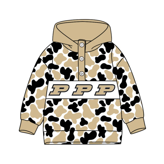 (Custom Design Preorder MOQ 5) Team's Purdue Boilermaker Camo Print Kids Long Sleeve Buttons Hoodie Top