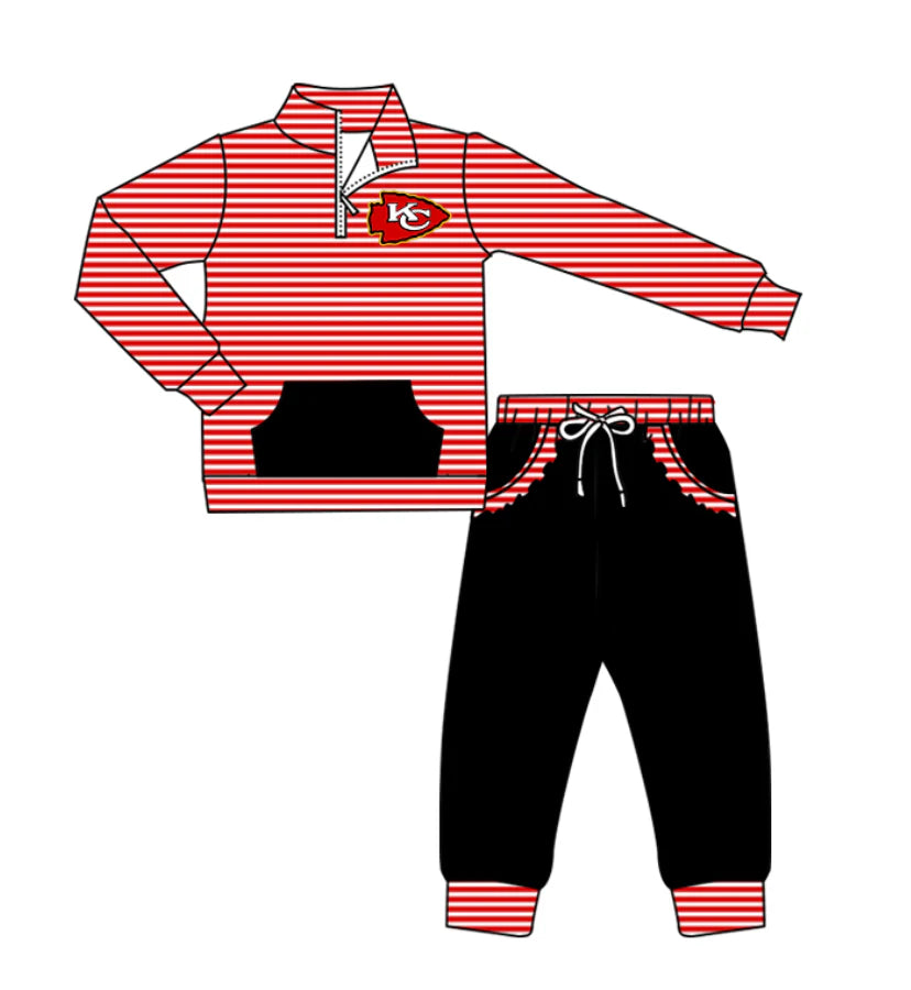 (Custom Design Preorder MOQ 5) Team's Chiefs Stripes Zipper Top Pockets Pants Girls Clothes Set