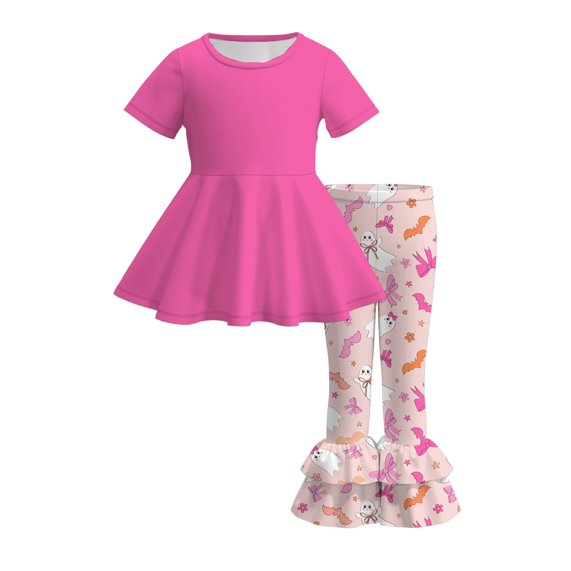 (Custom Design Preorder MOQ 5) Hotpink Tunic Top Ghost Bows Ruffle Pants Girls Halloween Clothes Set