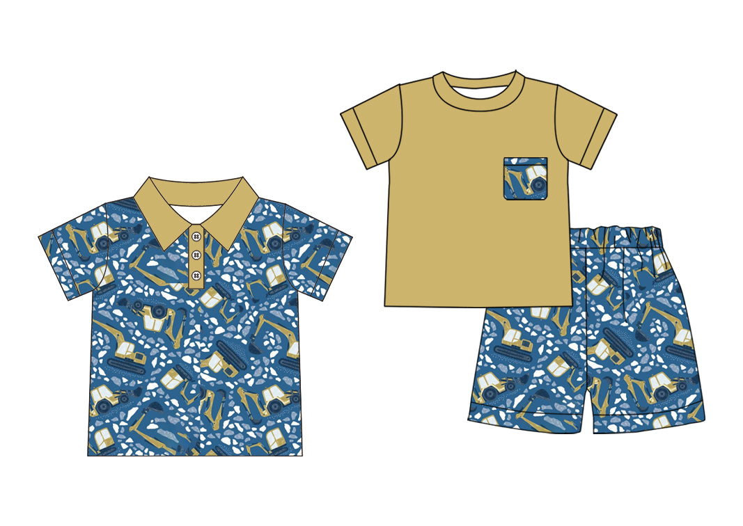 3.31(Custom Design Preorder MOQ 5 Each Design) Excavator Print Boys Summer Matching Clothes Brothers Wear
