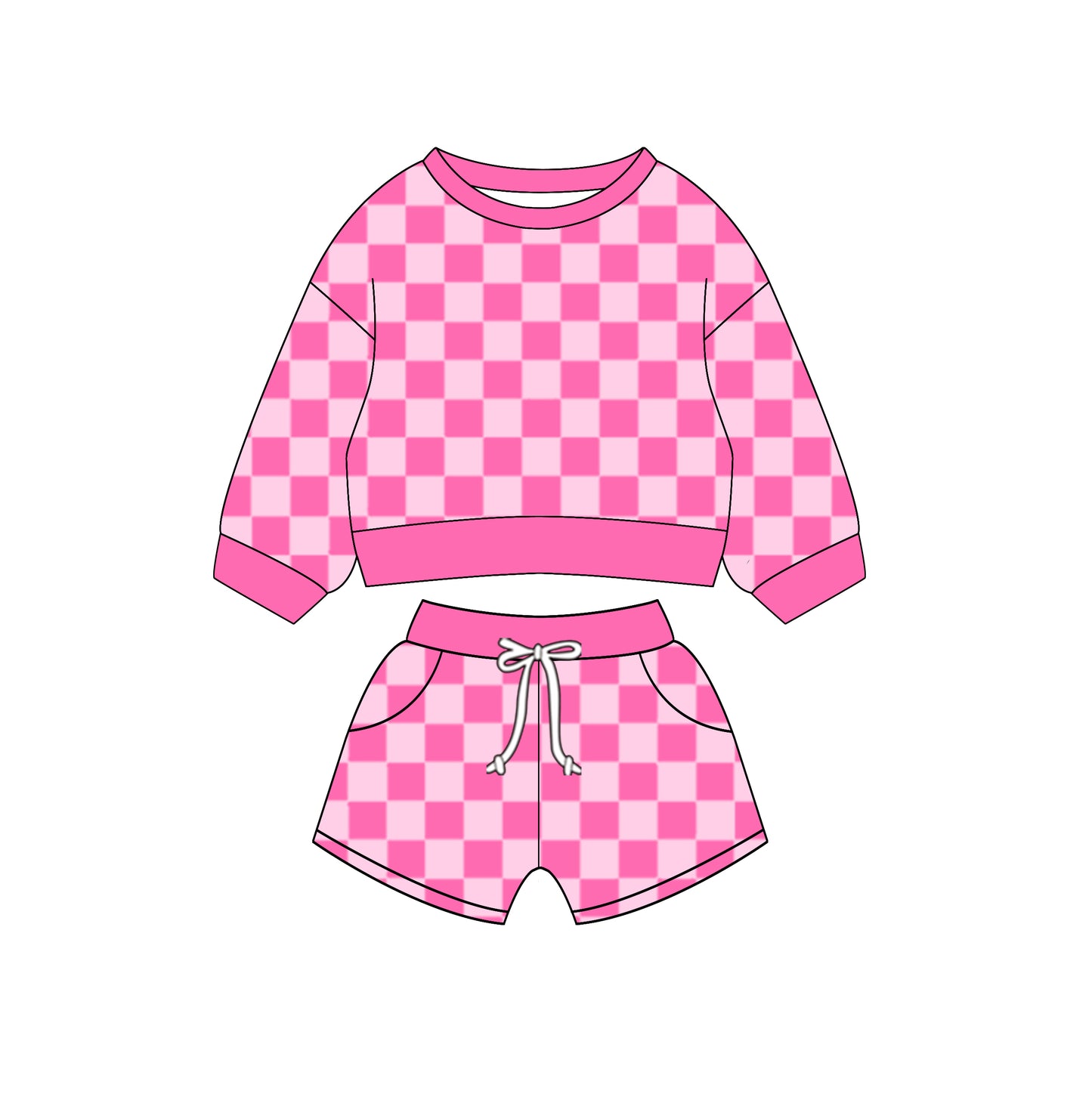 (Custom Design Preorder MOQ 5) Hotpink Plaid Long Sleeve Top Pockets Shorts Girls Clothes Set