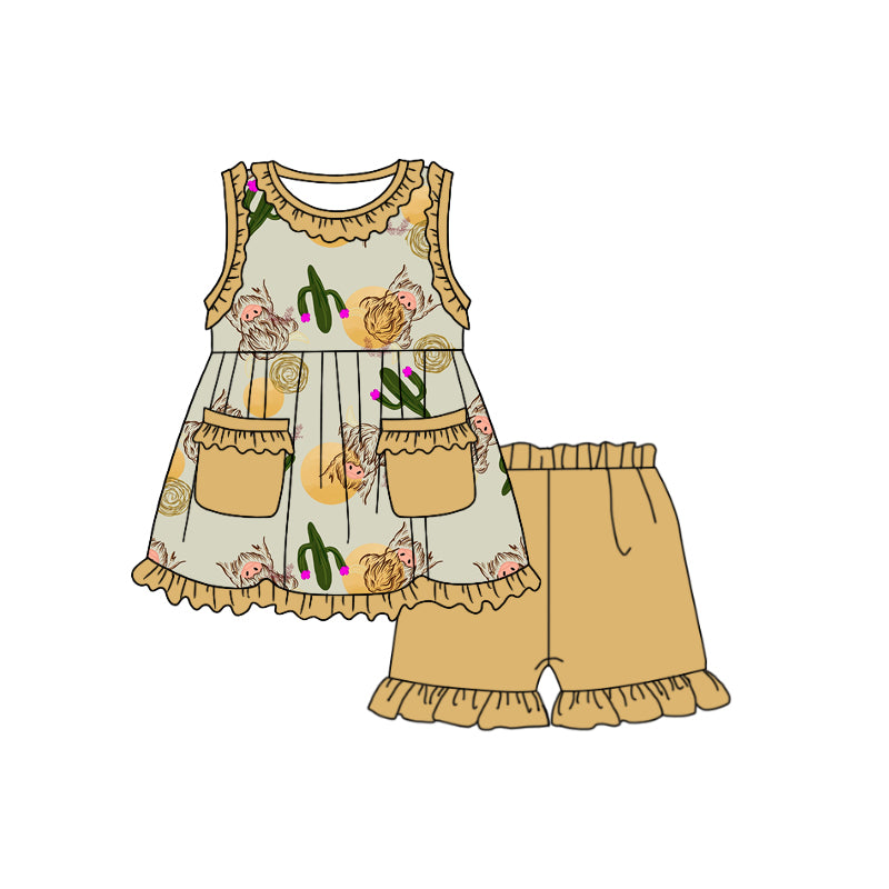 (Custom Design Preorder MOQ 5) Highland Cow Cactus Print Girls Summer Western Clothes Set