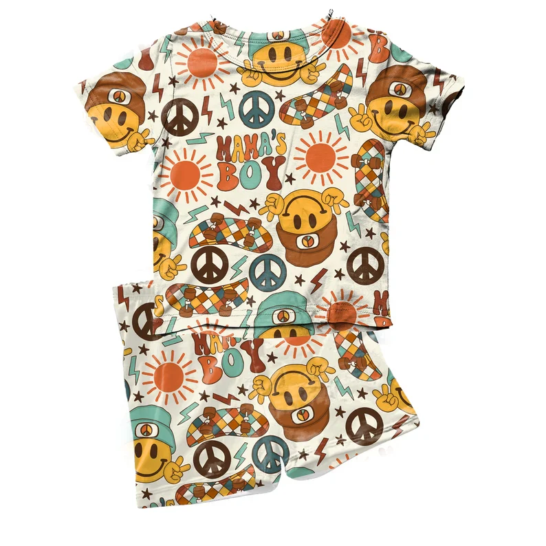(Custom Design Preorder MOQ 5)Smiling Face Flash Print Shorts Boys Summer Clothes Set