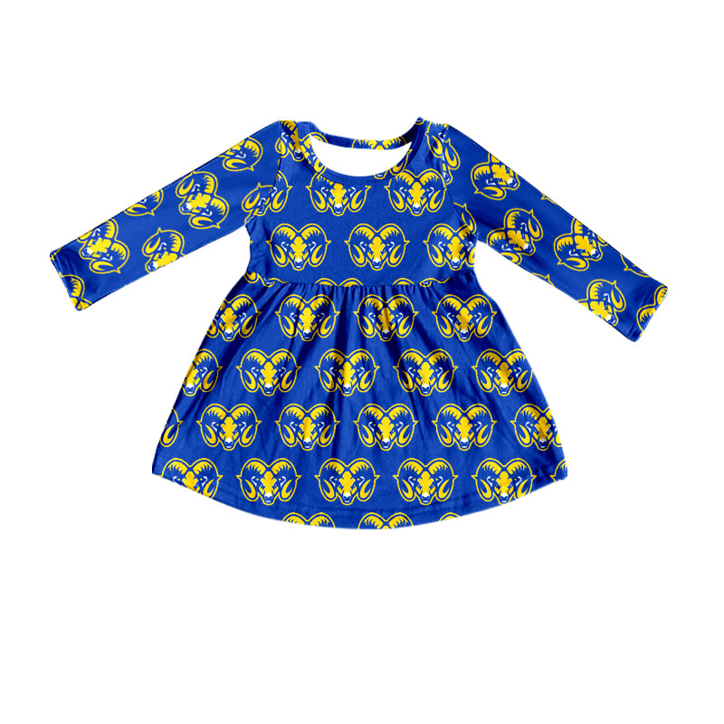 (Custom Design Preorder MOQ 5) Team's Blue Goat Print Girls Knee Length Fall Dress