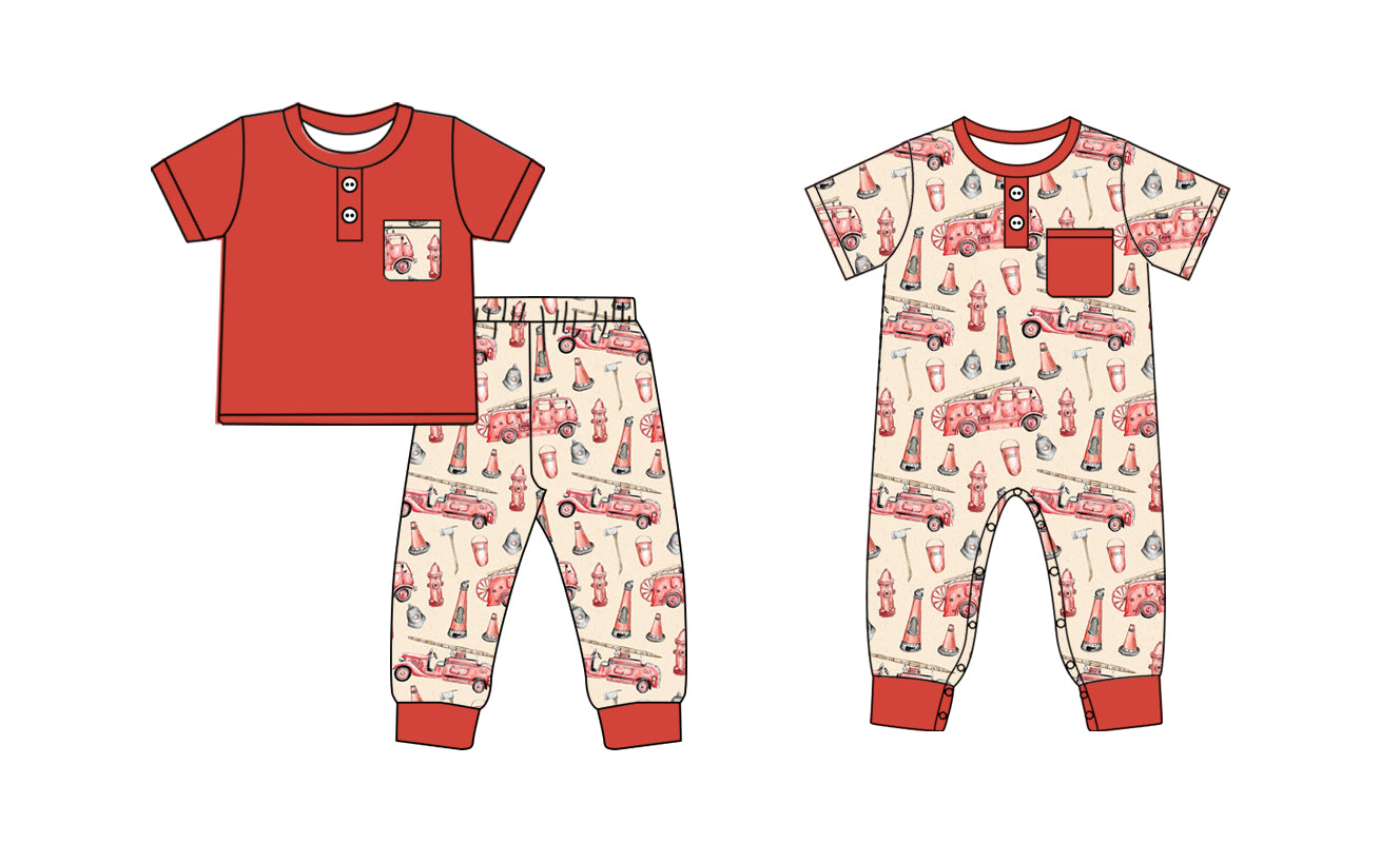 11.12(Custom Design Preorder MOQ 5 Each Design) Fire Engine Print Boys Matching Clothes Brothers Wear