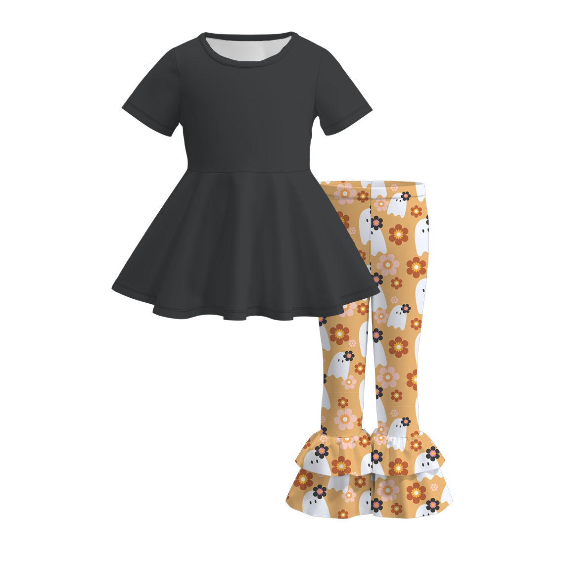 (Custom Design Preorder MOQ 5) Black Tunic Top Ghost Ruffle Pants Girls Halloween Clothes Set
