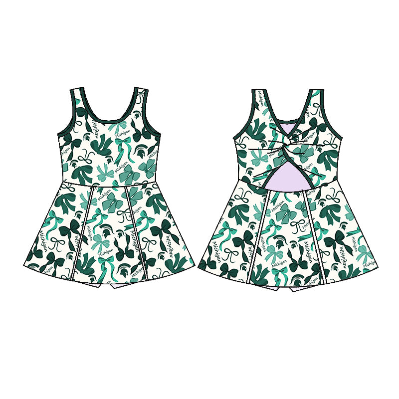 (Custom Design Preorder MOQ 5 Each Color) Team's Michigan Green Bows Print Girls Summer Clothes Sisters Matching Wear
