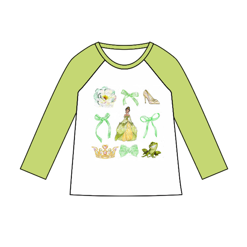 (Custom Design Preorder MOQ 5) Cartoon Princess Green Print Girls Tee Shirts Top