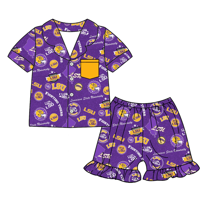 (Custom Design Preorder MOQ 5 Each Design) Team's LSU Purple Print Kids Summer Matching Clothes Sibling Wear