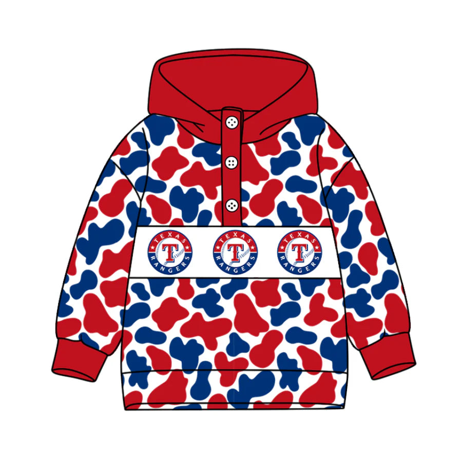 (Custom Design Preorder MOQ 5) Team's Texas Rangers Camo Print Kids Long Sleeve Buttons Hoodie Top