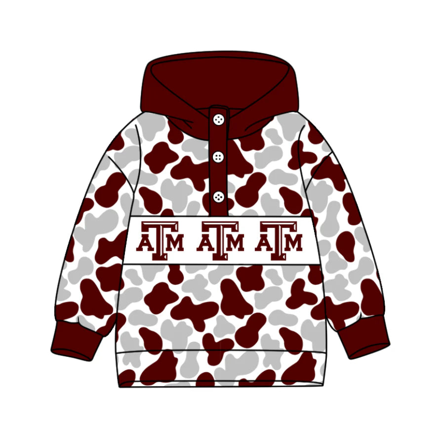 (Custom Design Preorder MOQ 5) Team's Texas A&M Camo Print Kids Long Sleeve Buttons Hoodie Top