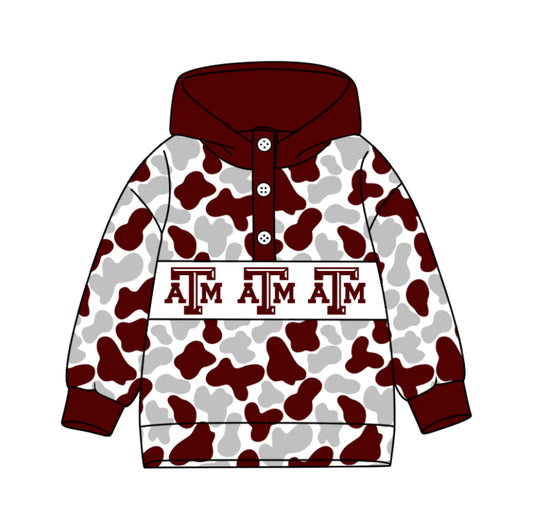 (Custom Design Preorder MOQ 5) Team's Texas A&M Camo Print Kids Long Sleeve Buttons Hoodie Top