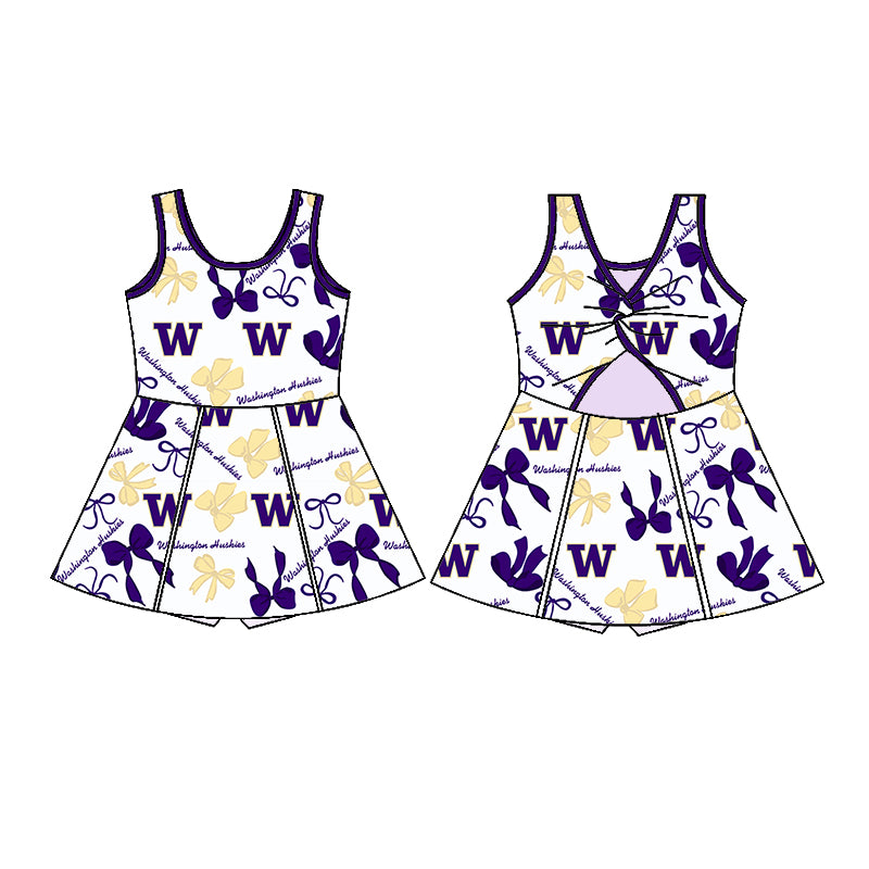 (Custom Design Preorder MOQ 5 Each Color) Team's Washington Huskies Bows Print Girls Summer Clothes Sisters Matching Wear