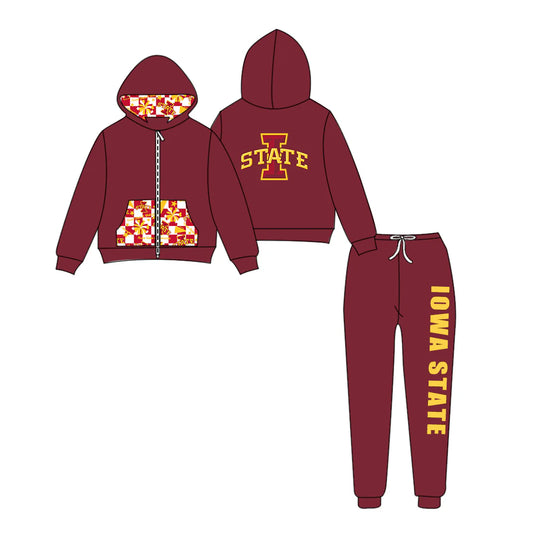 (Custom Design Preorder MOQ 5) Team's IOWA STATE Zipper Hoodie Top Wine Pants Kids Fall Clothes Set