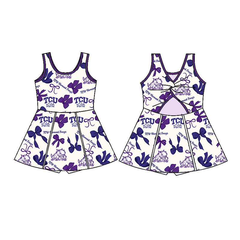 (Custom Design Preorder MOQ 5 Each Color) Team's TCU Horned Frogs Bows Print Girls Summer Clothes Sisters Matching Wear