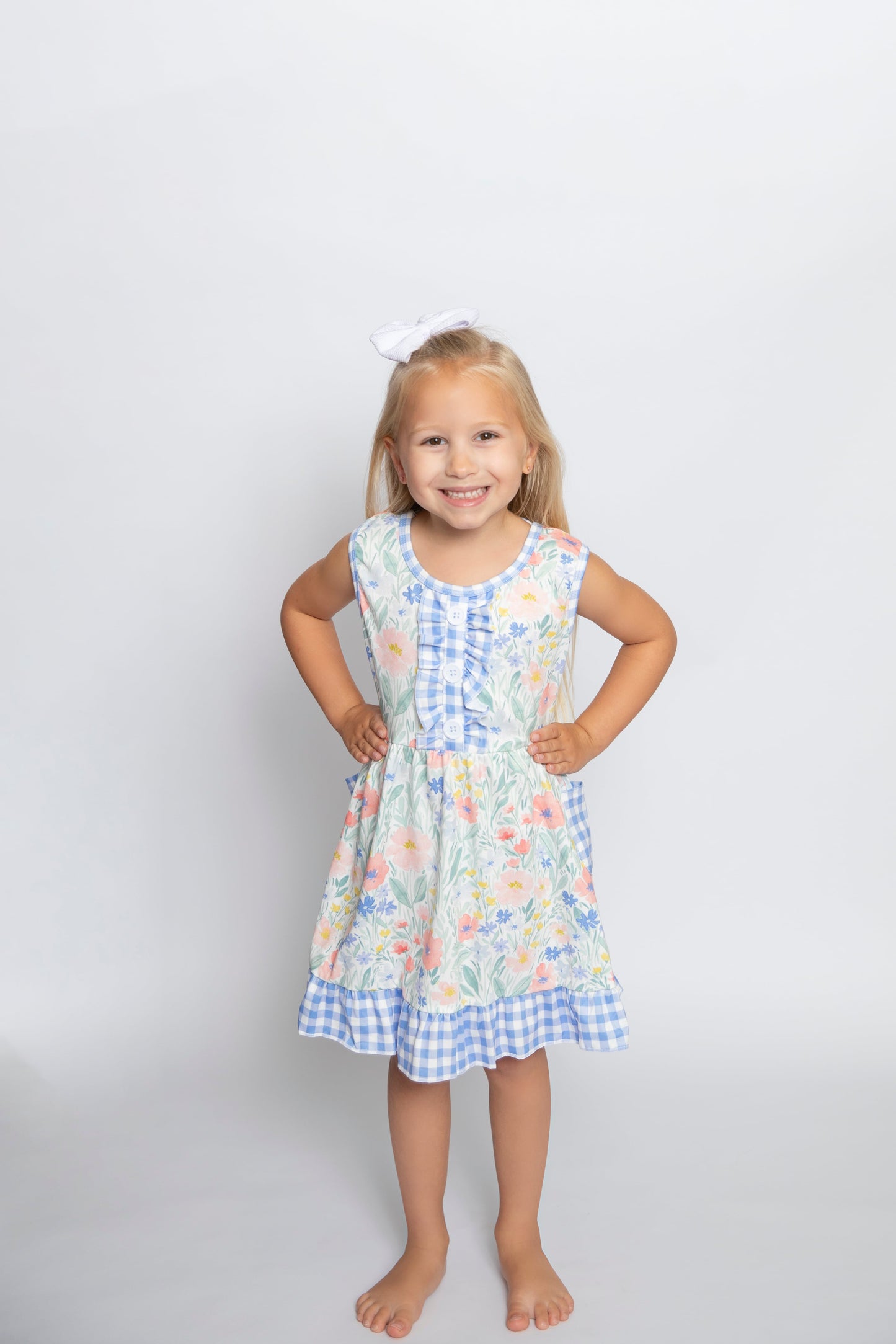 GSD1009 Flowers Print Pockets Girls Knee Length Summer Dress