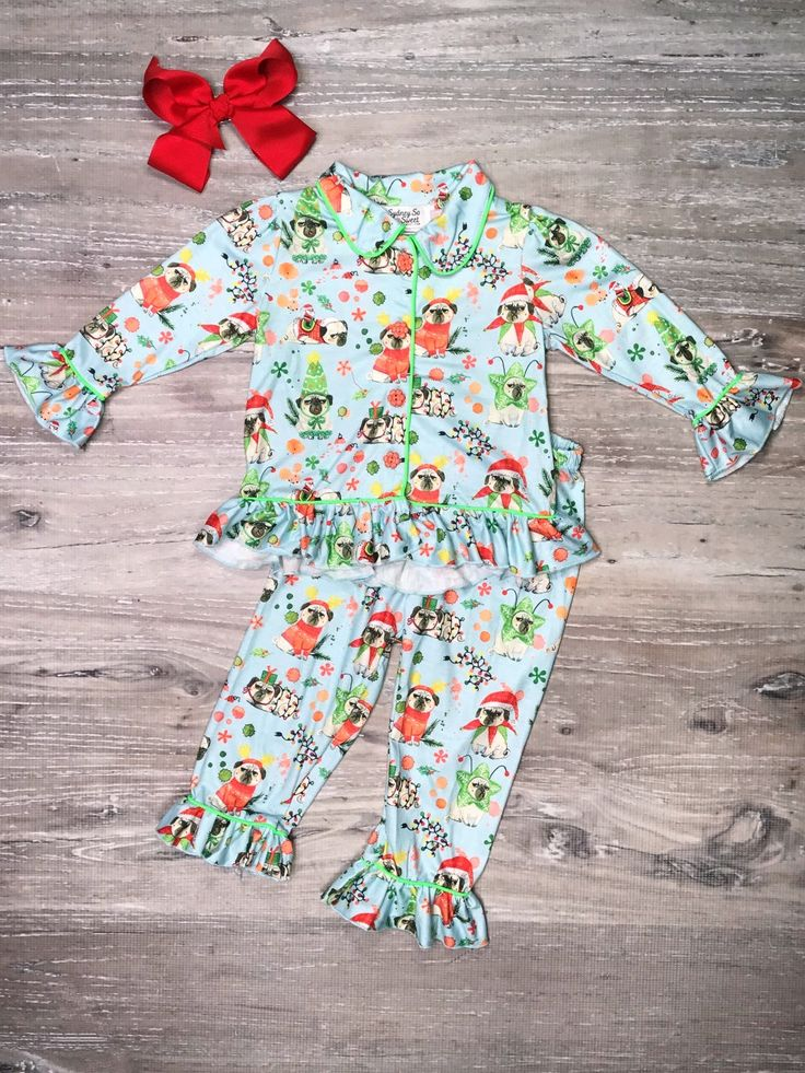 (Custom Design Preorder MOQ 5) Dog Christmas Tree Print Girls Christmas Pajamas Clothes Set