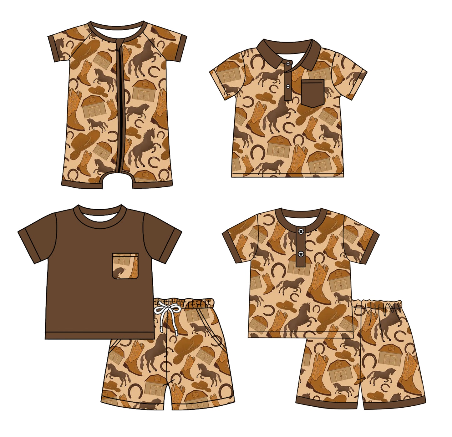 3.31(Custom Design Preorder MOQ 5 Each Design) Horse Boots Brown Print Boys Summer Western Matching Clothes Brothers Wear