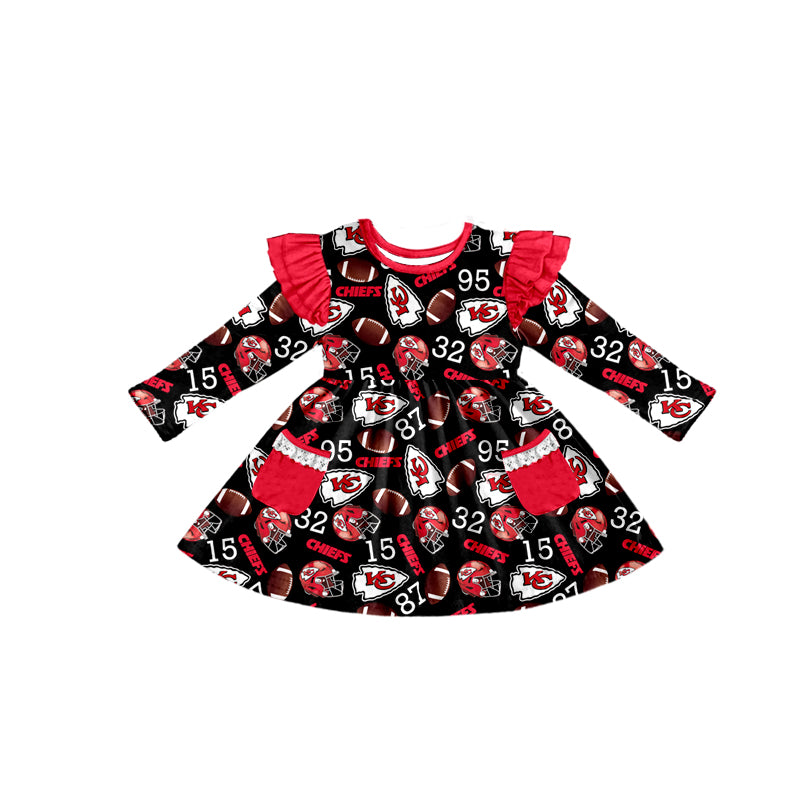 (Custom Design Preorder MOQ 5) Team's KC Black Print Girls Fall Knee Length Pockets Dress