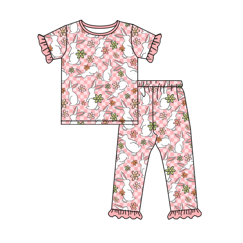(Custom Design Preorder MOQ 20) Bunny Flowers Plaid Print Girls Easter Bamboo Pajamas Clothes Set