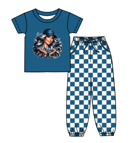 (Custom Design Preorder MOQ 5) Team's Cowboys Top Plaid Joggers Kids Clothes Set