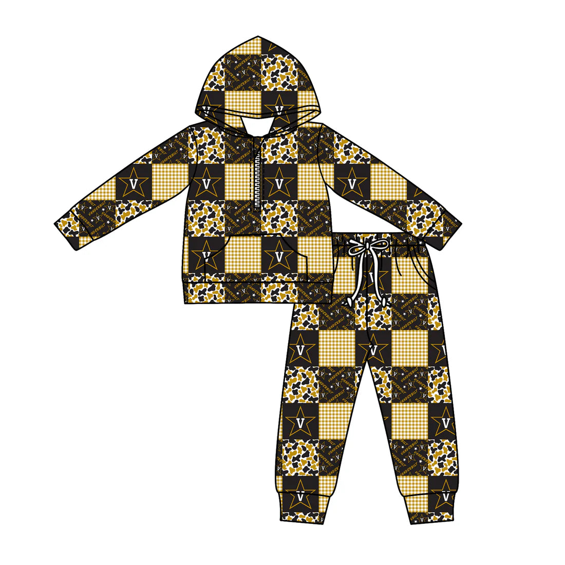 (Custom Design Preorder MOQ 5) Team's Vanderbilt Plaid Print Zipper Hoodie Top Pockets Pants Kids Fall Clothes Set