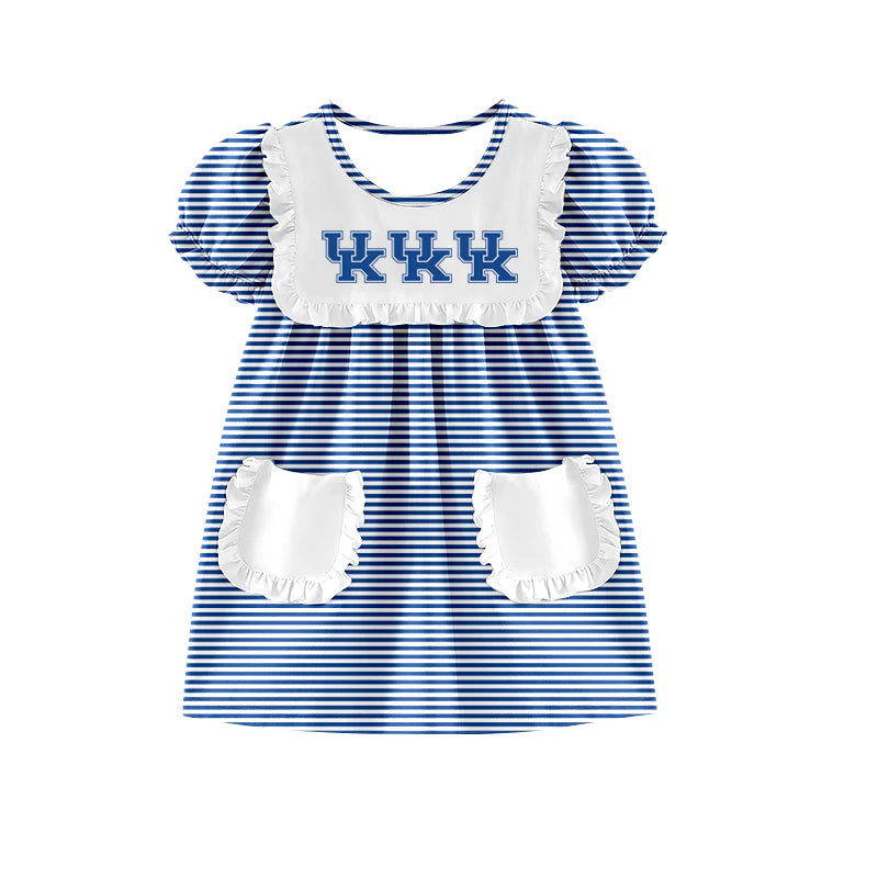 (Custom Design Preorder MOQ 5) Team's Kentucky Stripes Print Pockets Girls Summer Knee Length Dress