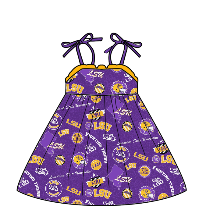 (Custom Design Preorder MOQ 5 Each Design) Team's LSU Purple Print Kids Summer Matching Clothes Sibling Wear