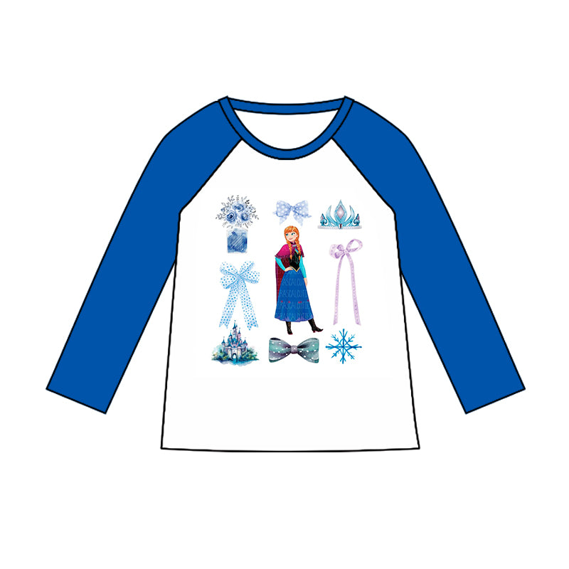 (Custom Design Preorder MOQ 5) Cartoon Princess Blue Print Girls Tee Shirts Top