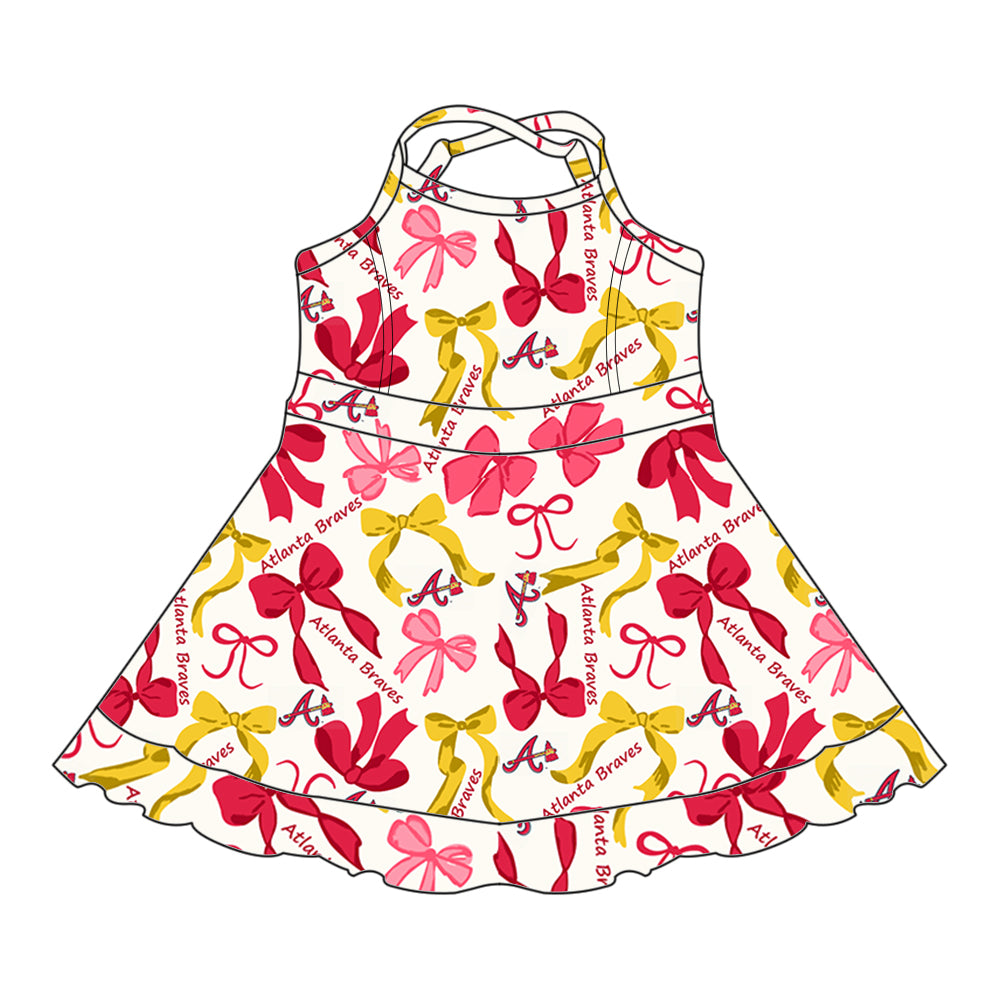 (Custom Design Preorder MOQ 5 Each Color) Team's BRAVES Bows Print Girls Summer Clothes Sisters Matching Wear