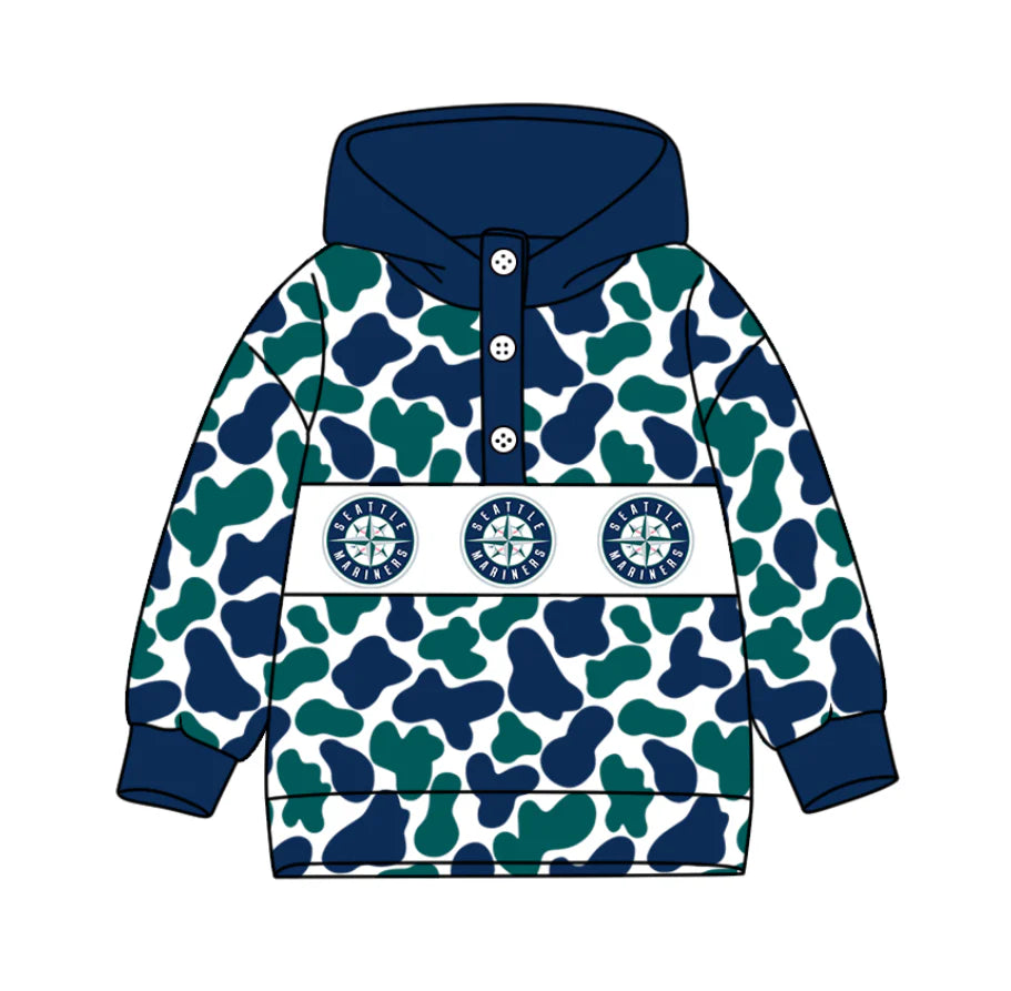 (Custom Design Preorder MOQ 5) Team's Seattle Mariners Camo Print Kids Long Sleeve Buttons Hoodie Top