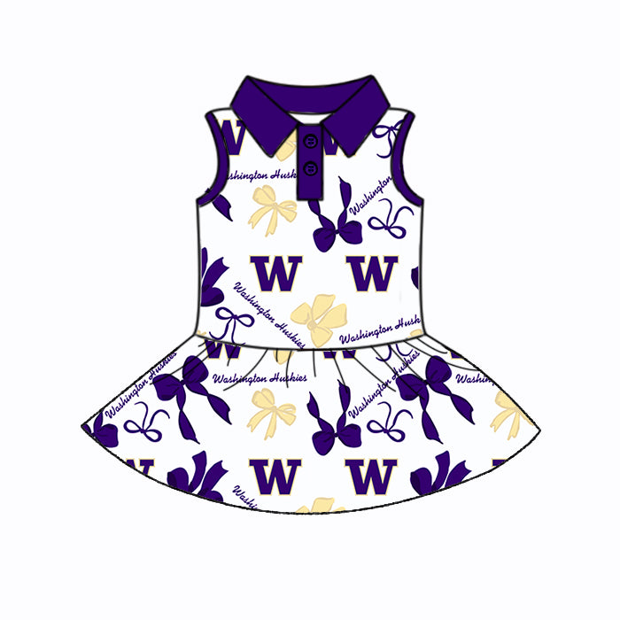 (Custom Design Preorder MOQ 5 Each Color) Team's Washington Huskies Bows Print Girls Summer Clothes Sisters Matching Wear