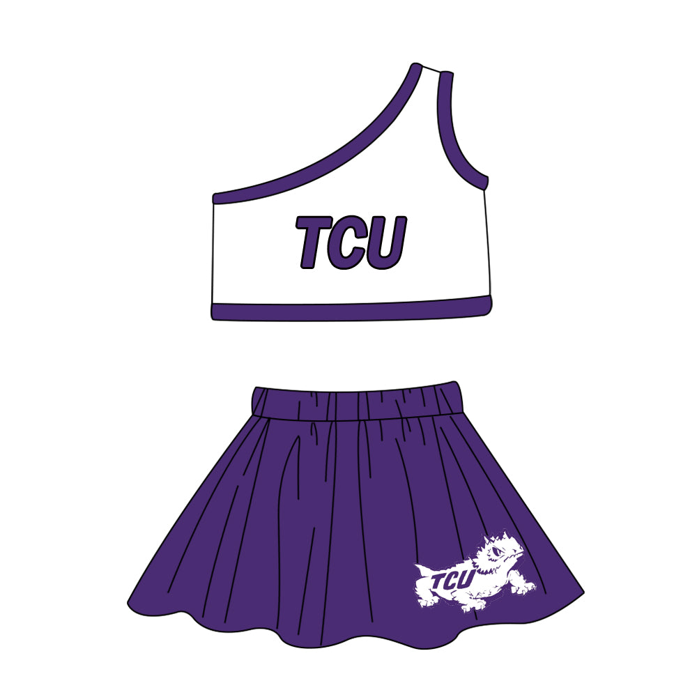 (Custom Design Preorder MOQ 5) Team's TCU Print One Shoulder Sleeve Top Skirts Shorts Girls Summer Clothes Set