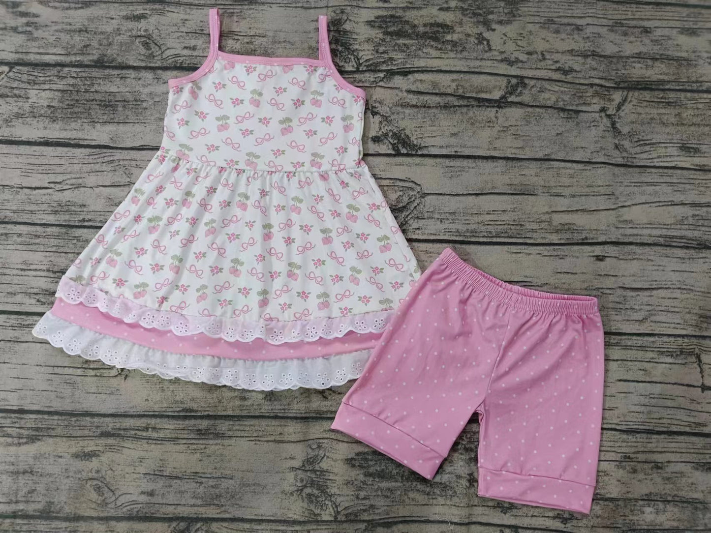 (Custom Design Preorder MOQ 5) Strawberry Flowers Top Pink Shorts Girls Summer Clothes Set