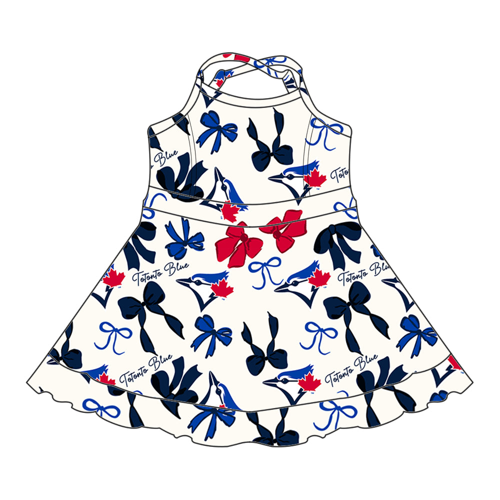 (Custom Design Preorder MOQ 5 Each Color) Team's TOTONTO BLUE Bows Print Girls Summer Clothes Sisters Matching Wear