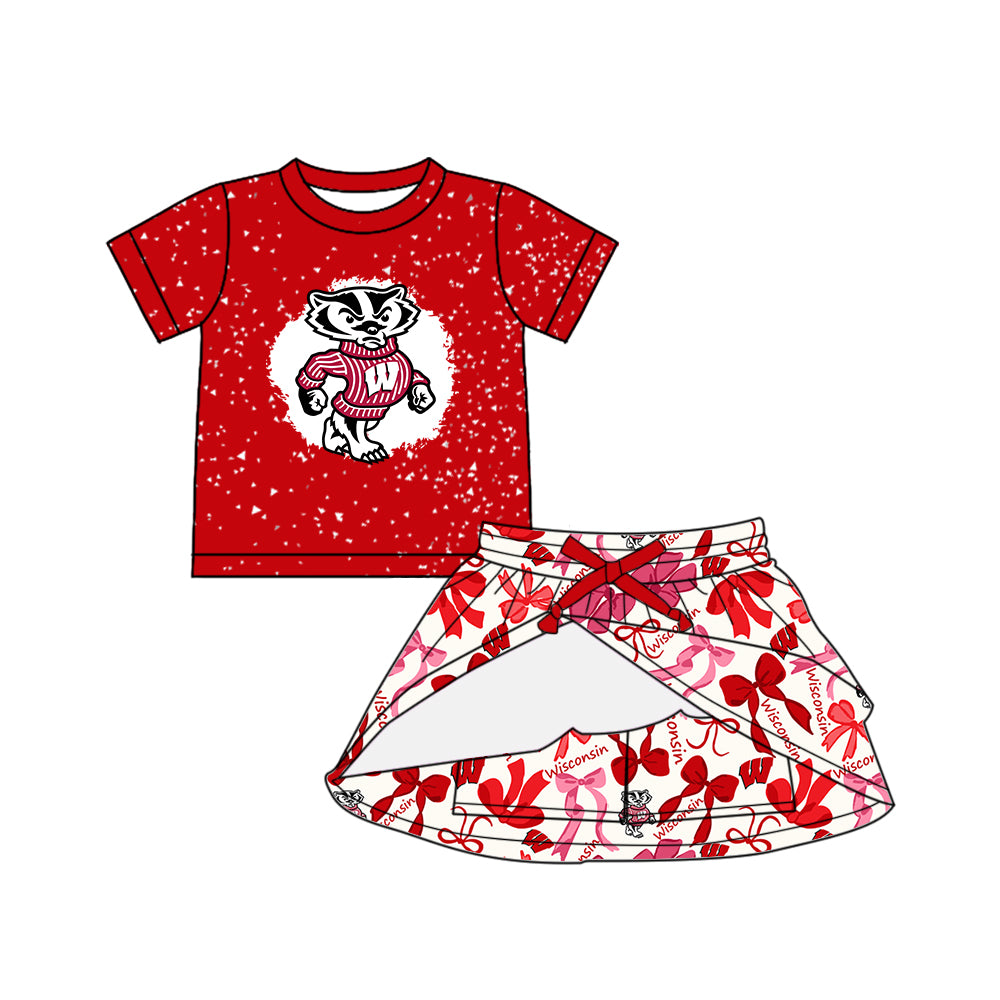 (Custom Design Preorder MOQ 5 Each Color) Team's Wisconsin Bows Print Girls Summer Clothes Sisters Matching Wear