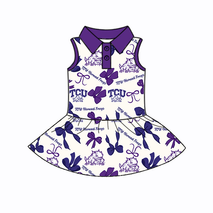 (Custom Design Preorder MOQ 5 Each Color) Team's TCU Horned Frogs Bows Print Girls Summer Clothes Sisters Matching Wear