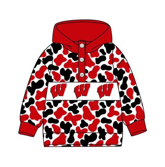 (Custom Design Preorder MOQ 5) Team's Wisconsin Badgers Camo Print Kids Long Sleeve Buttons Hoodie Top